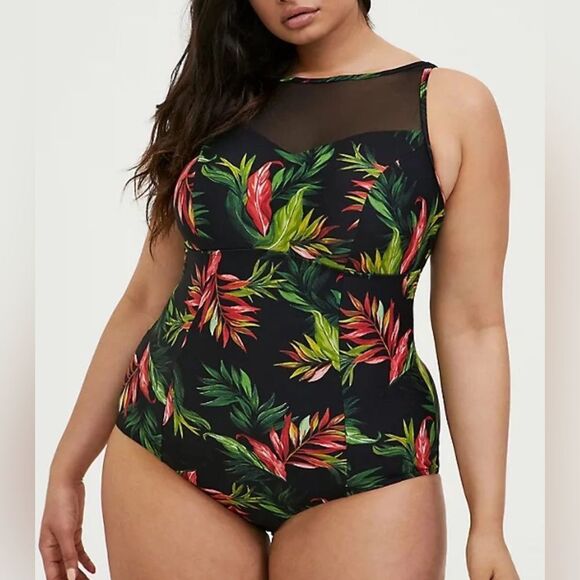 Torrid Tropical One Piece With High-Neck Mesh Cutout Swimsuit Size 5X - Picture 1 of 7